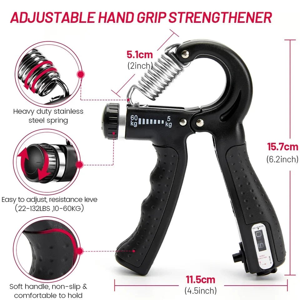 Adjustable Hand Grip Strengthener with Digital Counter – 10–60kg Hand Gripper for Forearm, Wrist & Finger Exercise - Saadiq.pk