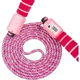Pink跳绳与计数器，背景为红白相间的袜子