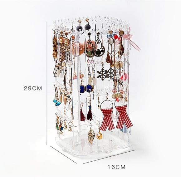 Transparent Acrylic 360‑Degree Rotating Jewelry Organizer | Earring, Necklace & Ring Display Stand