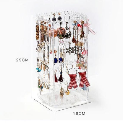 Transparent Acrylic 360‑Degree Rotating Jewelry Organizer | Earring, Necklace & Ring Display Stand