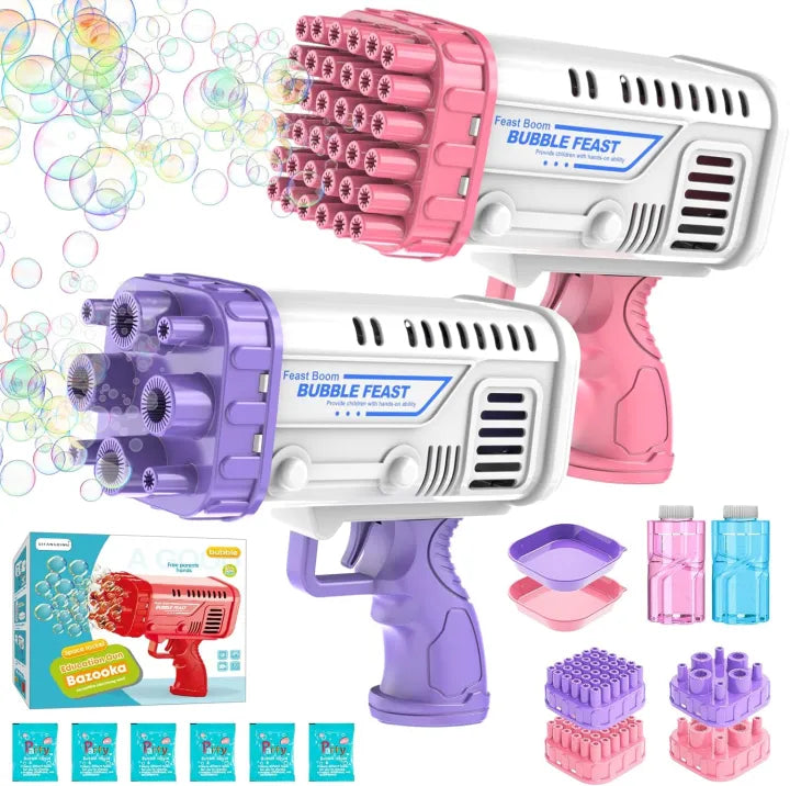 Two bubble guns, one purple and one pink, with bubble solution bottles and packaging on a white background.