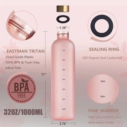Frosted 1 Liter Water Bottle with Time Markers | Leakproof Motivational Water Bottle for Daily Hydration