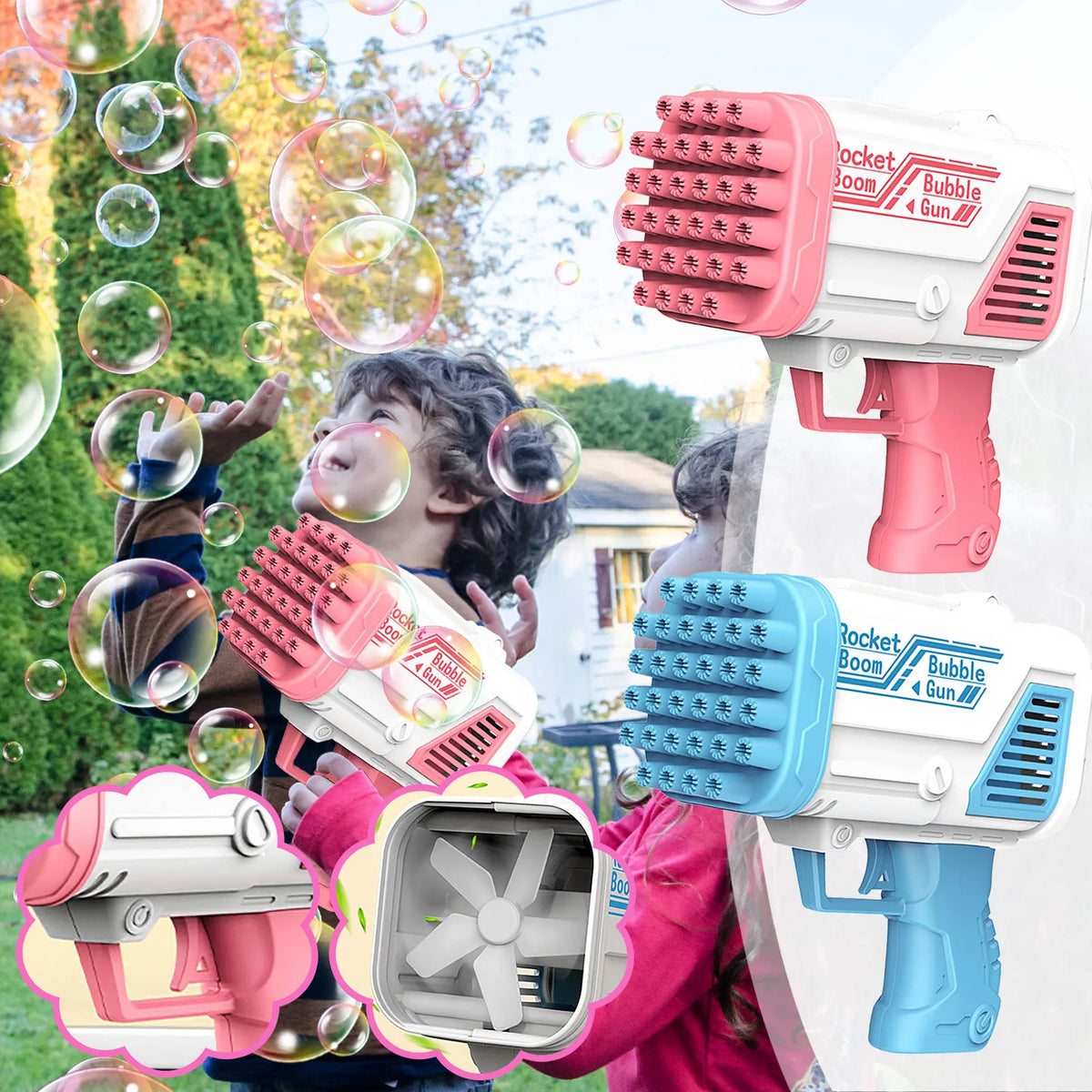 Two bubble guns, one pink and one blue, with bubbles in the background.