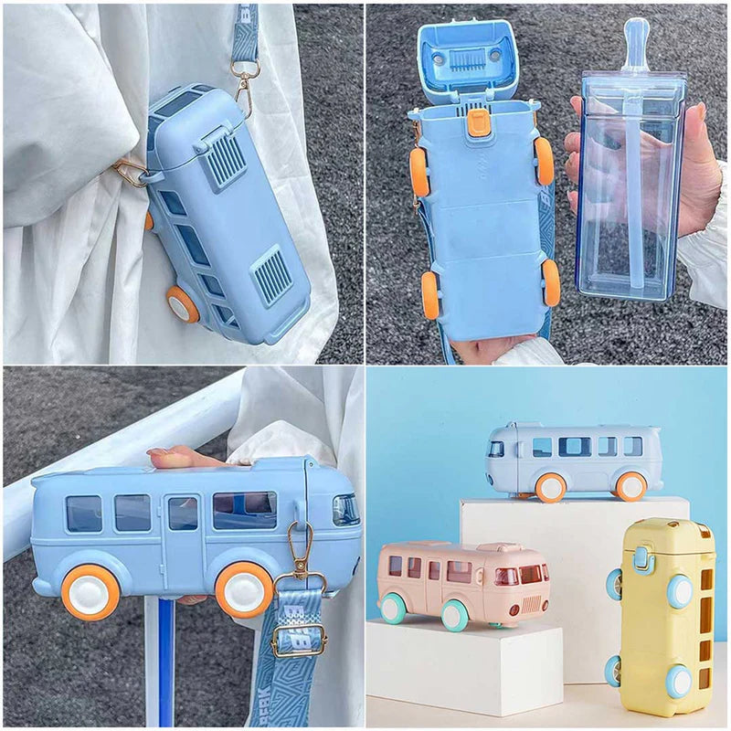 Bus Shape Water Bottle for Kids 500ML – Leakproof Straw Bottle with Carry Strap