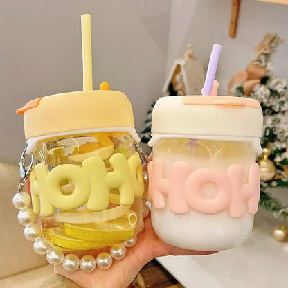 Cute Pearl Handle Glass Tumbler With Straw – Premium Kids & Girls Cup
