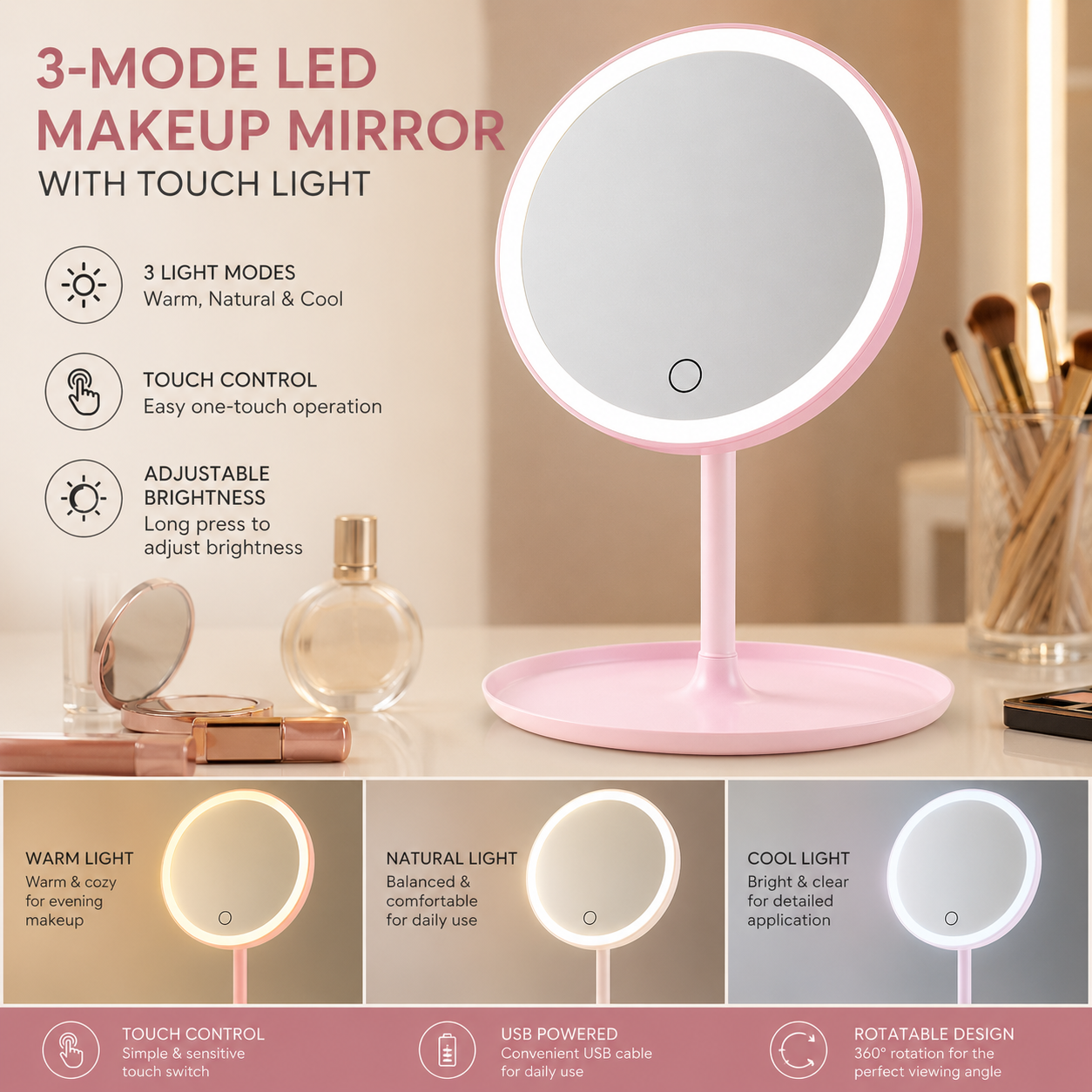 3-Mode LED Makeup Mirror with Touch Light