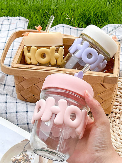 350ml Cute Glass Sipper with Lid, Straw & Pearl Chain | Transparent Glass Heat Resistant Water Bottle With Pearl Bracelet | Kids & Girls Water/Juice Cup