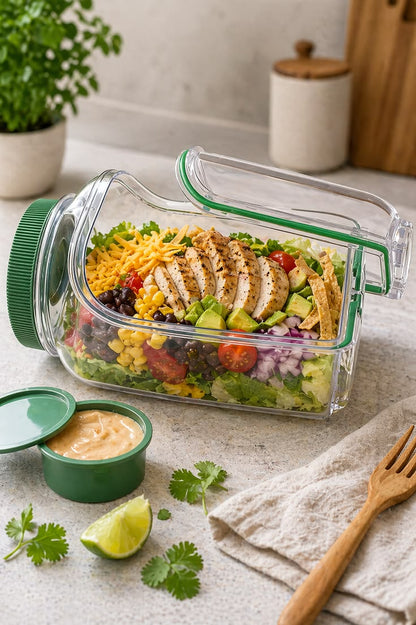 Leak-Proof Glass Salad Jar with Dressing Container | Portable Meal Prep & Food Storage Jar