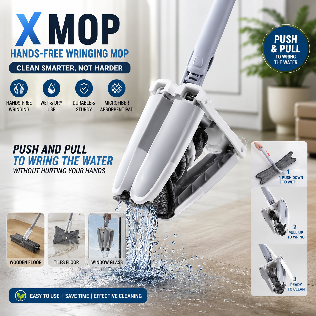 X Mop Hands-Free Self-Wringing Flat Mop – Microfiber Floor Cleaning Mop