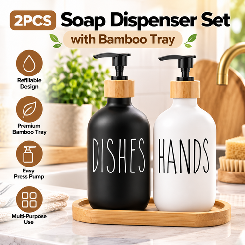 2PCS Soap Dispenser Set with Bamboo Tray