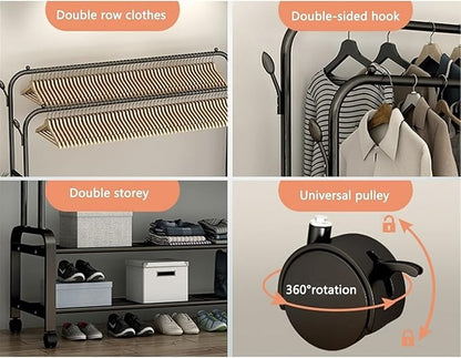 Heavy Duty Metal Clothes Rack with Wheels – Double Rail & Storage Shelf