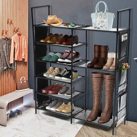 Double Row Shoe Rack With Side Pocket – Space-Saving Footwear Organizer