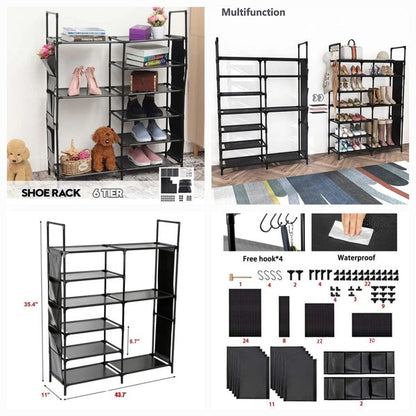 Double Row Shoe Rack With Side Pocket – Space-Saving Footwear Organizer