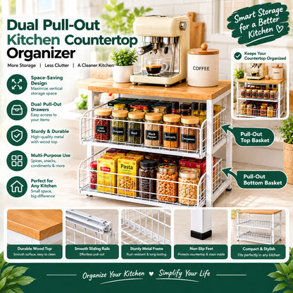 Dual pull-out kitchen countertop organizer for space-saving kitchen storage