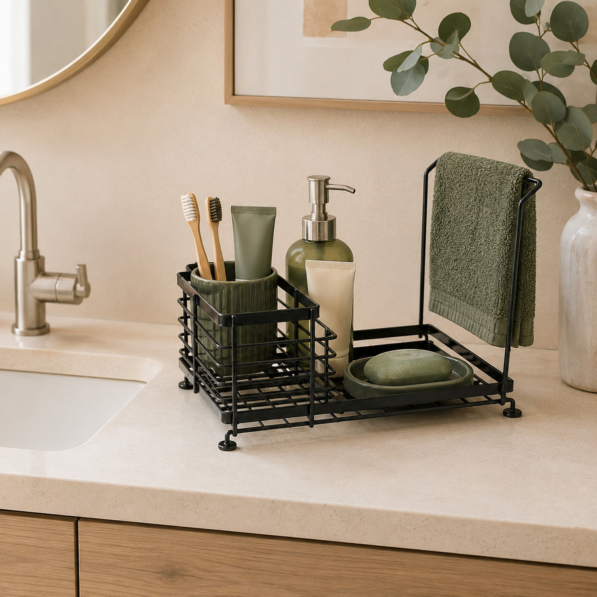Sink-Side Organizer Caddy – Kitchen Sink Sponge Holder & Dishwashing Accessories Storage Rack