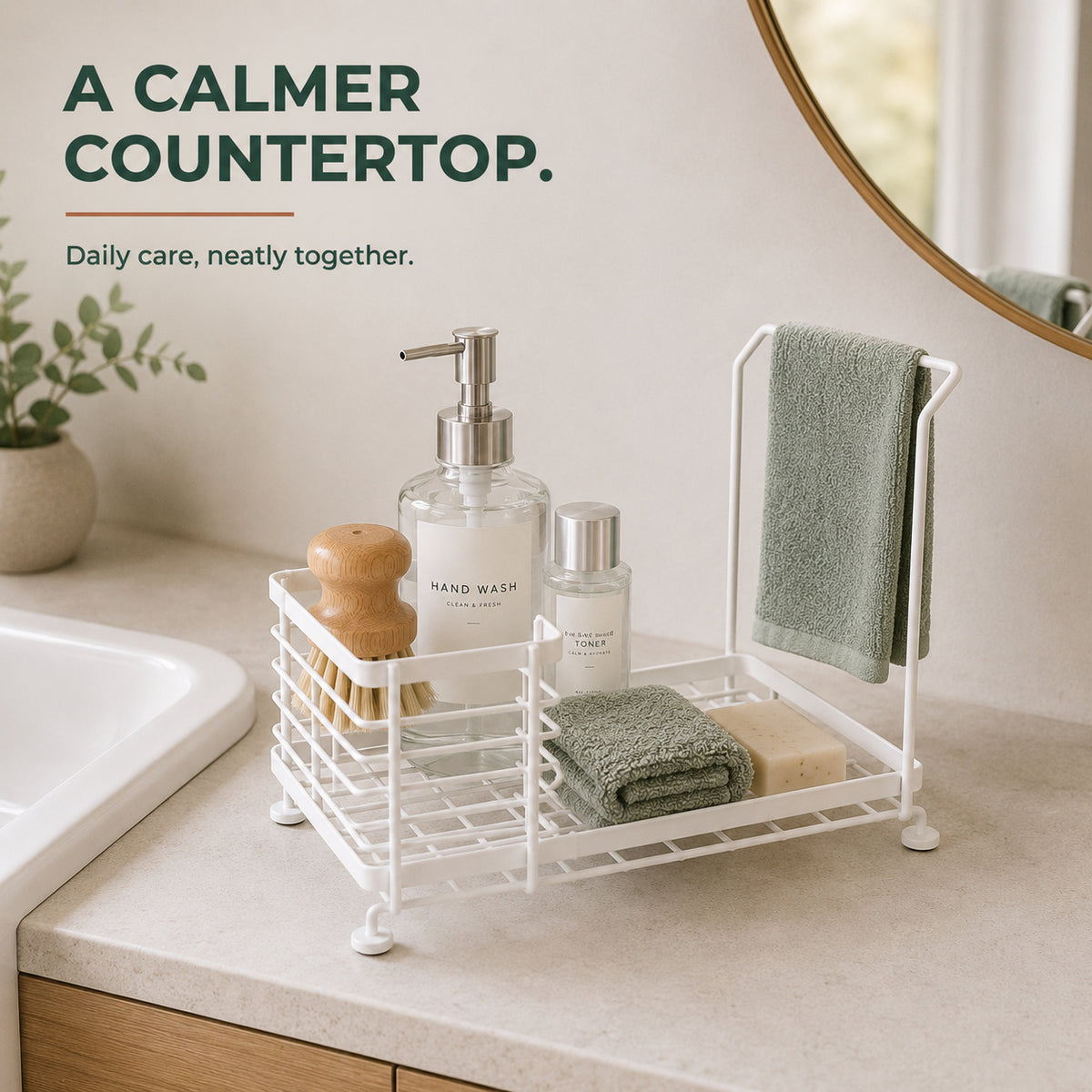 Sink-Side Organizer Caddy – Kitchen Sink Sponge Holder & Dishwashing Accessories Storage Rack