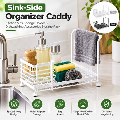 Sink-Side Organizer Caddy – Kitchen Sink Sponge Holder & Dishwashing Accessories Storage Rack