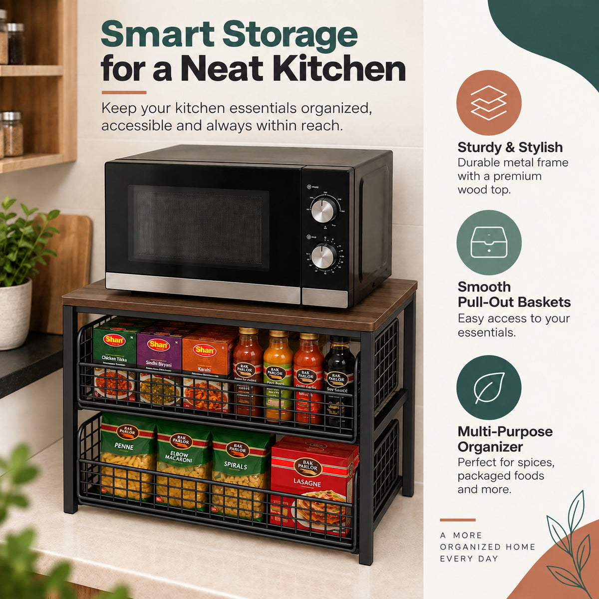 Dual pull-out kitchen countertop organizer for space-saving kitchen storage