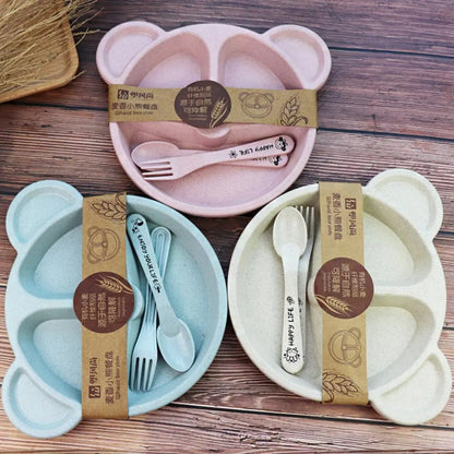 5pcs Bear Plate Set with Spoon – Wheat Straw Kids Dinnerware