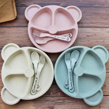 5pcs Bear Plate Set with Spoon – Wheat Straw Kids Dinnerware