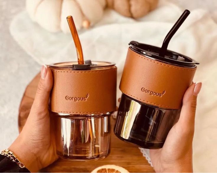 Premium Leather Sleeve Glass Cup With Lid & Straw – Travel Friendly Mug