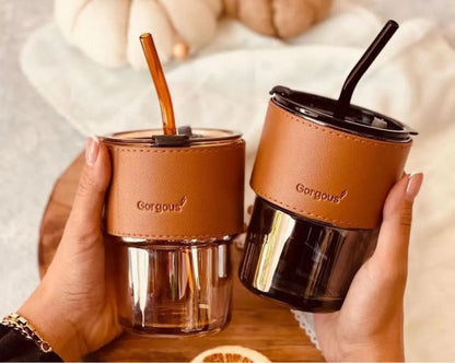 Premium Leather Sleeve Glass Cup With Lid & Straw – Travel Friendly Mug