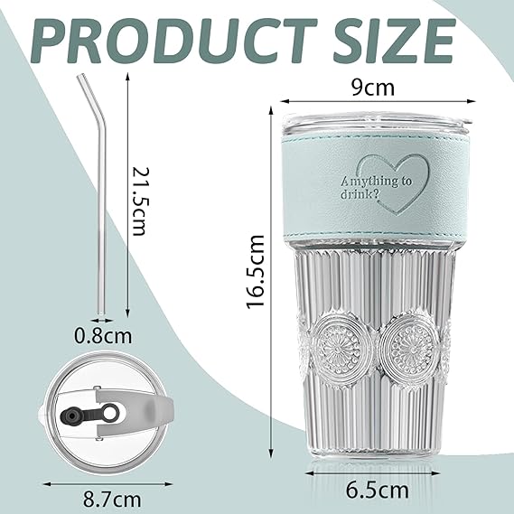 600ml Embossed Glass Cup with Lid & Straw | Insulated Holder | Perfect for Juice, Iced Coffee & Smoothies