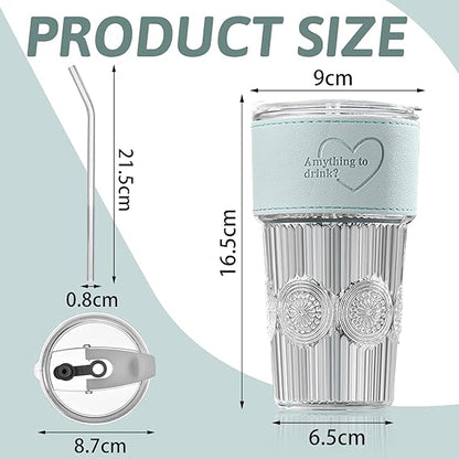600ml Embossed Glass Cup with Lid & Straw | Insulated Holder | Perfect for Juice, Iced Coffee & Smoothies