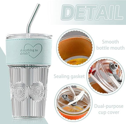 600ml Embossed Glass Cup with Lid & Straw | Insulated Holder | Perfect for Juice, Iced Coffee & Smoothies