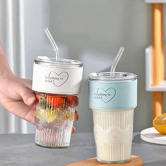 600ml Embossed Glass Cup with Lid & Straw | Insulated Holder | Perfect for Juice, Iced Coffee & Smoothies