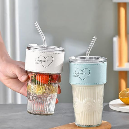 600ml Embossed Glass Cup with Lid & Straw | Insulated Holder | Perfect for Juice, Iced Coffee & Smoothies