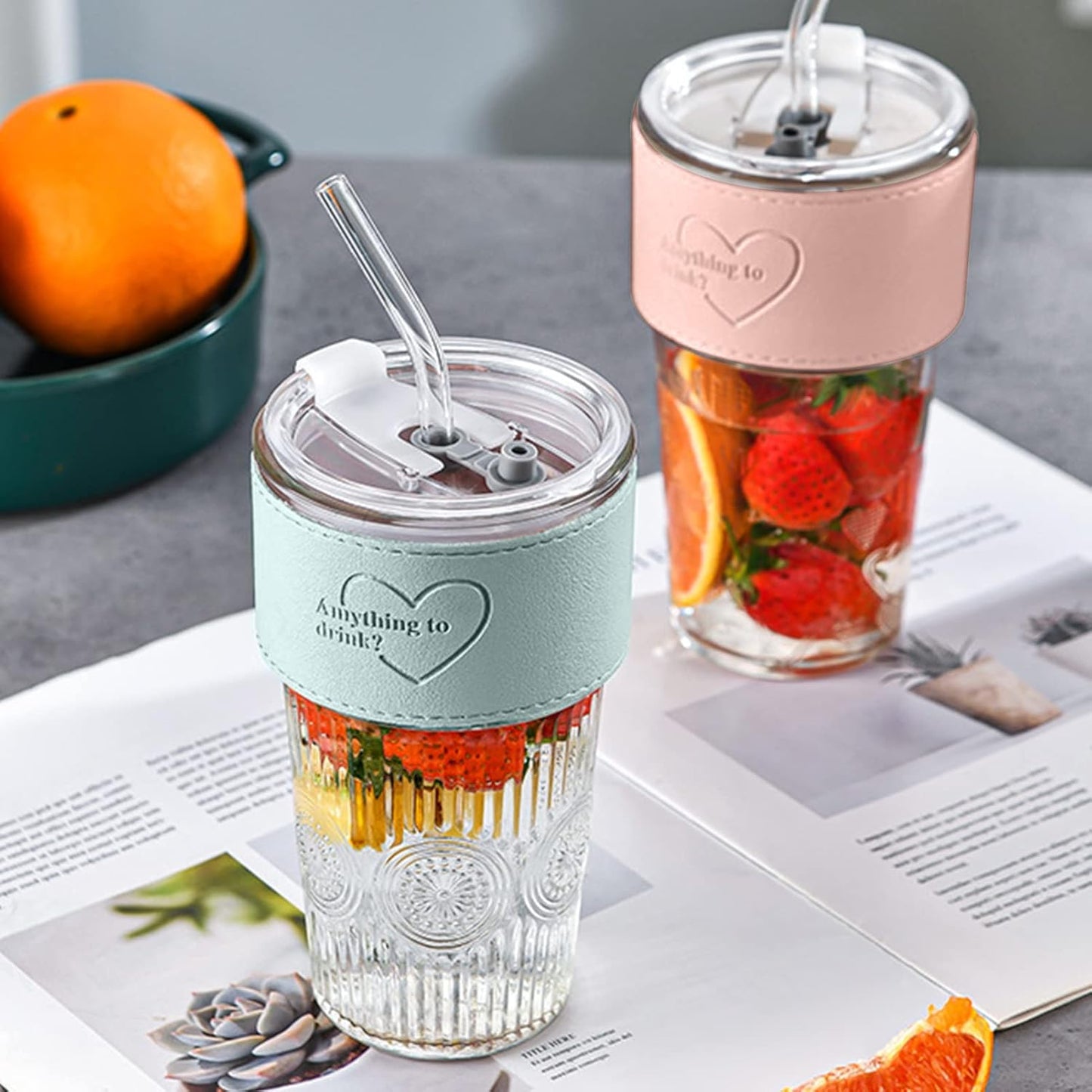 600ml Embossed Glass Cup with Lid & Straw | Insulated Holder | Perfect for Juice, Iced Coffee & Smoothies