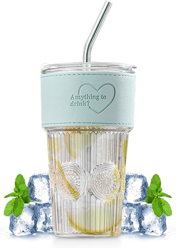 600ml Embossed Glass Cup with Lid & Straw | Insulated Holder | Perfect for Juice, Iced Coffee & Smoothies