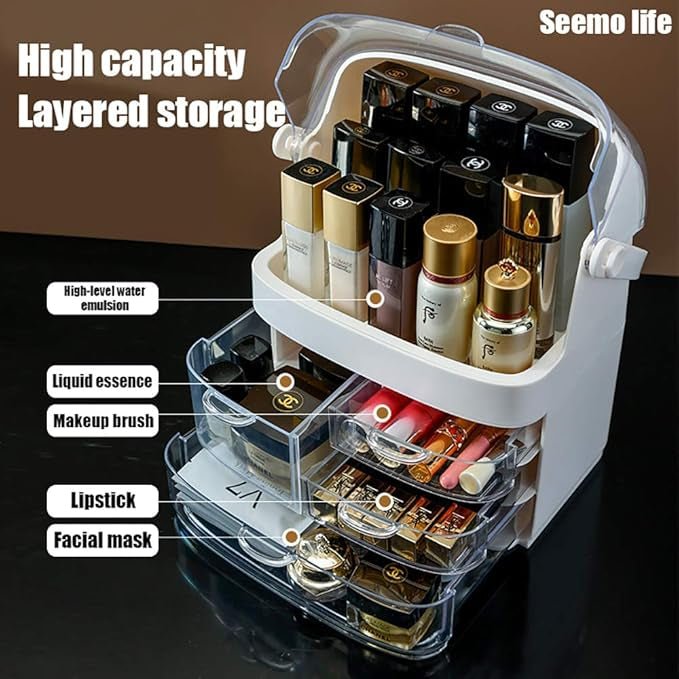 Dust‑Proof Makeup Organizer | Cosmetic Storage Box with Lid & Drawers - Saadiq.pk