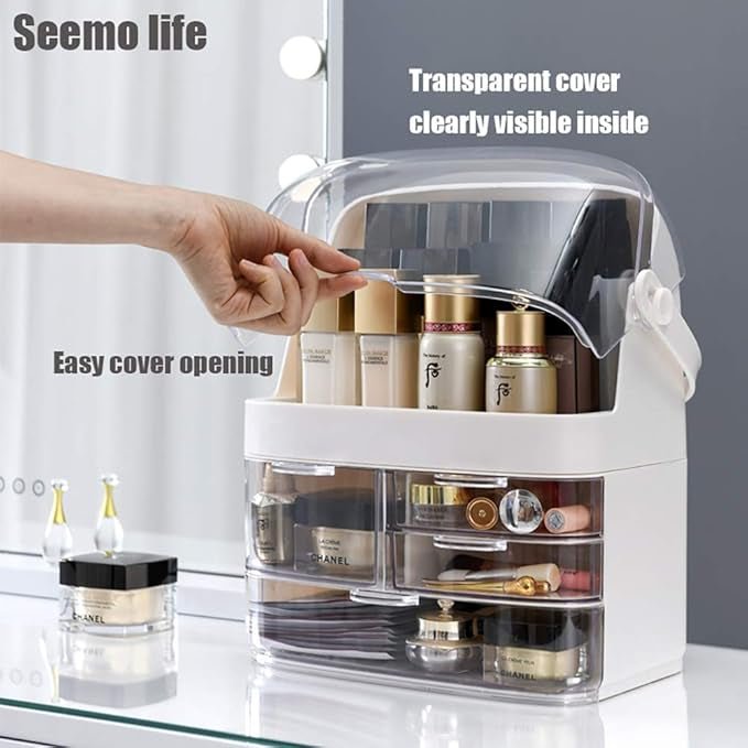Dust‑Proof Makeup Organizer | Cosmetic Storage Box with Lid & Drawers - Saadiq.pk
