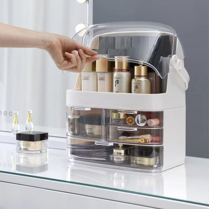 Dust‑Proof Makeup Organizer | Cosmetic Storage Box with Lid & Drawers - Saadiq.pk