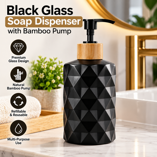 Black Glass Soap Dispenser with Bamboo Pump