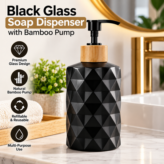 Black Glass Soap Dispenser with Bamboo Pump