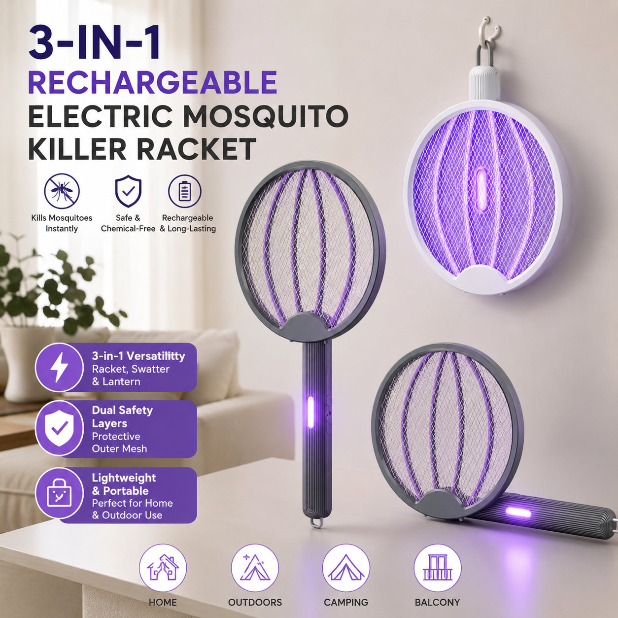 3-in-1 Rechargeable Electric Mosquito Killer Racket