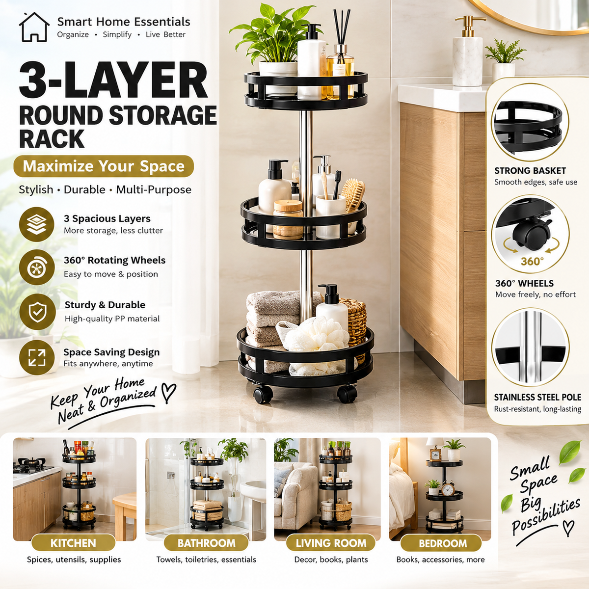 360° Rotating Metal Organizer – Space-Saving Storage Rack