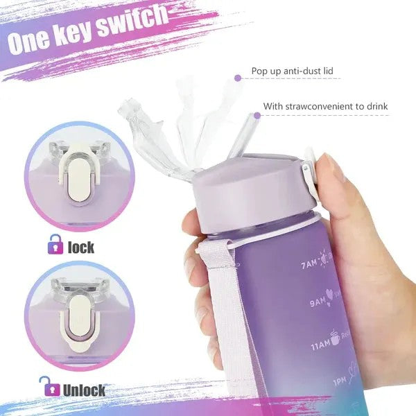 3Pcs Multi Color Water Bottle Set With Strew