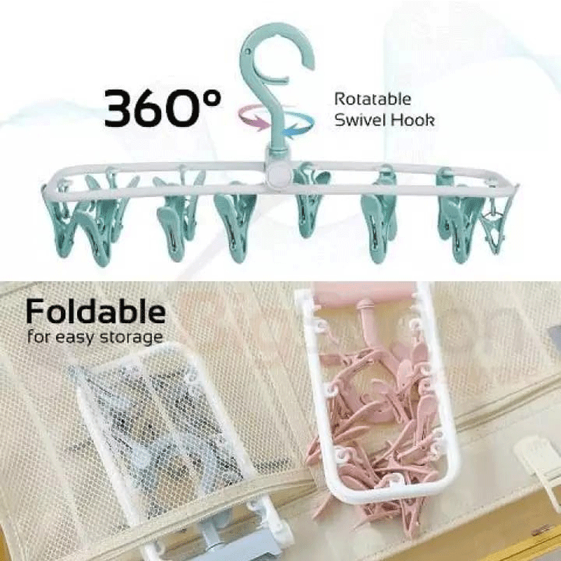 Foldable Clip Hanger – 12 Clip Clothes Drying Rack for Small Laundry - Saadiq.pk