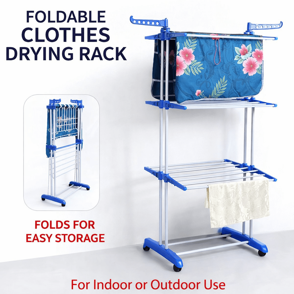 Foldable Clothes Drying Rack with Wheels | Multi - Layer Laundry Stand | Space Saving Clothes Dryer Pakistan - Saadiq.pk