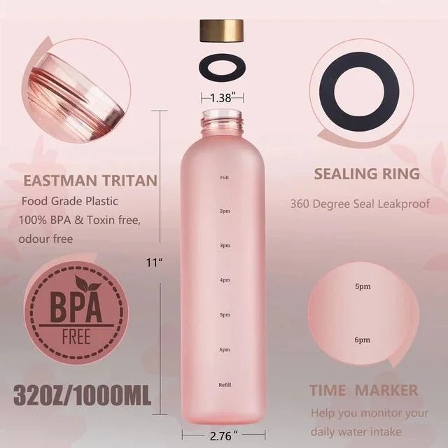 Frosted 1 Liter Water Bottle with Time Markers | Leakproof Motivational Water Bottle for Daily Hydration - Saadiq.pk