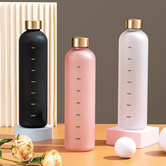 Frosted 1 Liter Water Bottle with Time Markers | Leakproof Motivational Water Bottle for Daily Hydration - Saadiq.pk