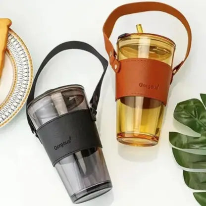 Leakproof 450ml Glass Cup with Straw | Stylish Leather Handle Tumbler for Coffee, Tea & Juice
