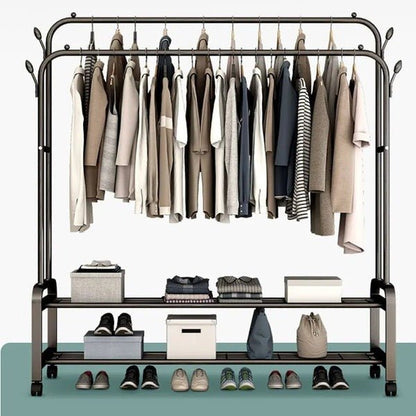 Heavy Duty Metal Clothes Rack with Wheels – Double Rail & Storage Shelf - Saadiq.pk