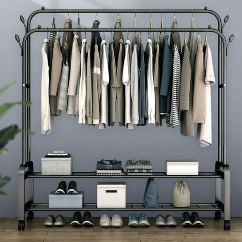 Heavy Duty Metal Clothes Rack with Wheels – Double Rail & Storage Shelf - Saadiq.pk