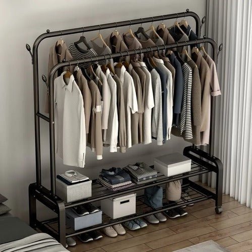 Heavy Duty Metal Clothes Rack with Wheels – Double Rail & Storage Shelf - Saadiq.pk
