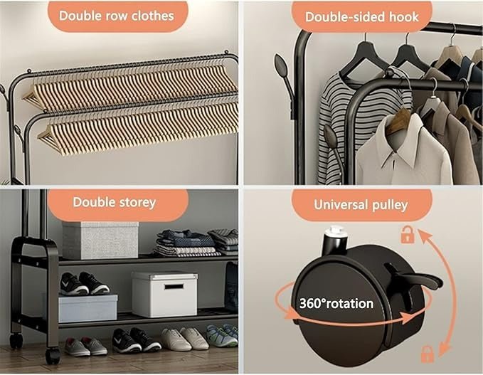 Heavy Duty Metal Clothes Rack with Wheels – Double Rail & Storage Shelf - Saadiq.pk